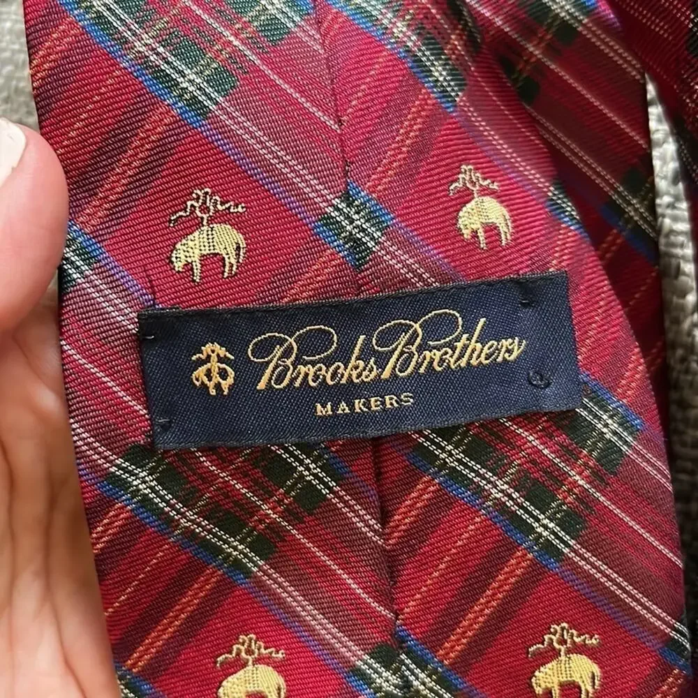 Brooks Brothers Red Plaid Check Logo Silk Tie - Picture 3 of 3